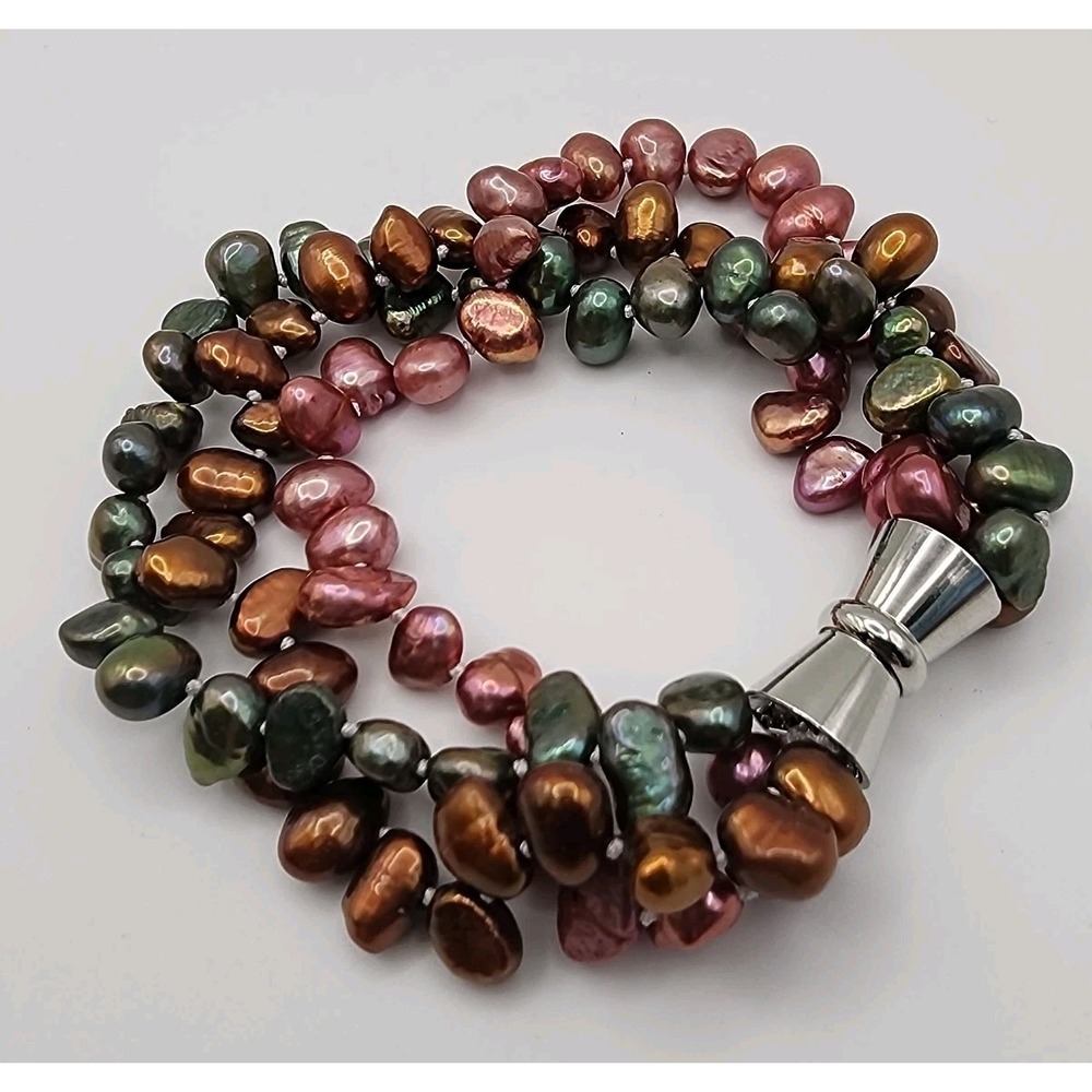 Freshwater Pearl Knotted Earth Tones Pink Green Brown Multi Strand Magnetic 8"